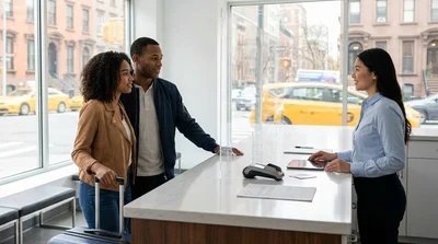 A customer receiving keys from a staff member at a car rental counter in New York