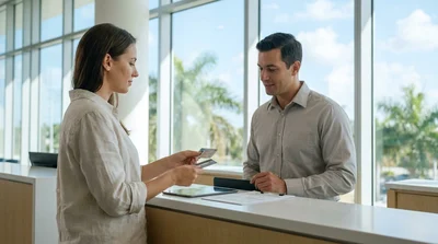 Person handing a physical driving licence to an agent at a car rental desk in Florida