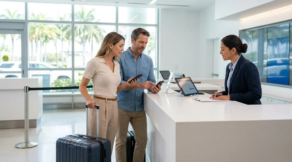 Traveler showing a smartphone to an agent at a car rental desk in Miami