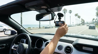 Dash cam mounted on the windshield of a car rental driving down a sunny highway in California