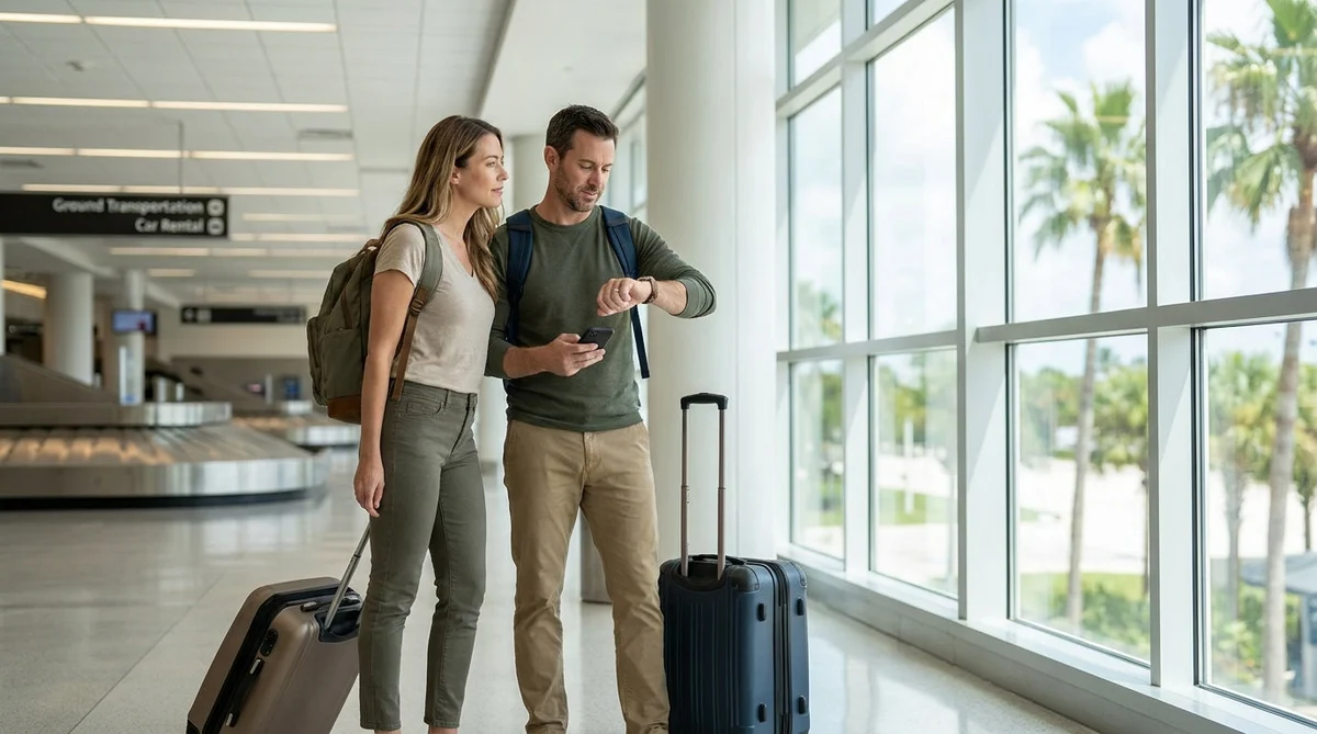 Travelers pulling suitcases towards the car rental desks at Orlando Airport