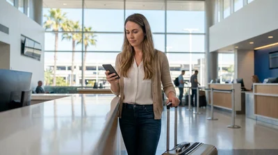 Person loading luggage into a white car rental outside an airport terminal in Los Angeles