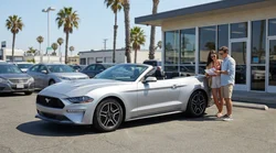 Person holding keys next to a white car rental on a sunny road in California
