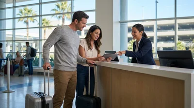 Customer receiving keys from an agent at a Miami Airport car rental desk
