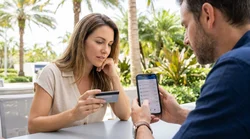 Close-up of a person handing a credit card to an agent at a Florida car hire desk