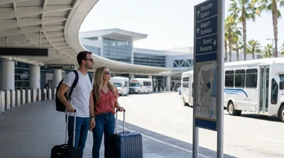 Travelers with luggage waiting to board a car rental shuttle bus outside Terminal 4 in Los Angeles