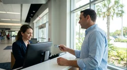 Close-up of a customer handing a credit card to an agent at a car hire desk in Orlando