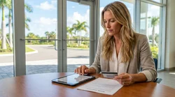 Person signing car rental paperwork on the dashboard of a vehicle in sunny Florida