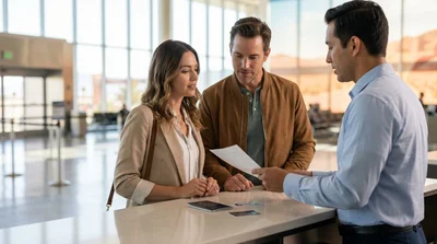 Driver receiving keys for a car rental at a counter in Las Vegas