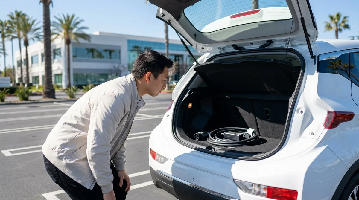 Close-up of a charging cable plugged into a white electric car rental on a sunny California street