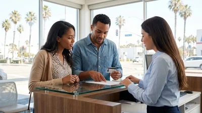 Traveler handing an ID card to an agent at a car rental desk in California