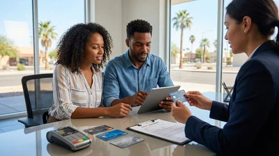 Close-up of a person handing a credit card to an agent at a Texas car rental desk