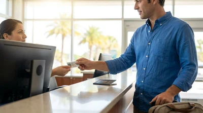 Customer holding a US driving license and keys at a sunny Florida car rental counter