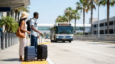 White car hire shuttle bus parked at the passenger pickup curb outside the Orlando airport terminal