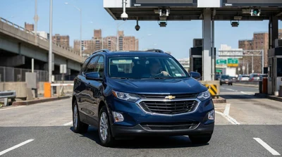 Silver car rental driving through an E-ZPass toll plaza on a New York highway
