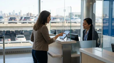 A person signing documents at a car rental desk in New York