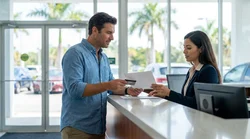 Two people exchanging car rental keys next to a vehicle under palm trees in Florida