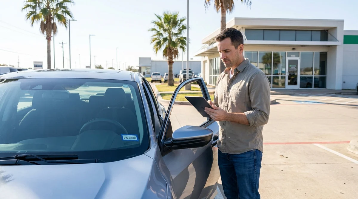 Person reading a car rental agreement next to a vehicle windshield in Texas