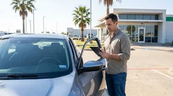 Person reading a car rental agreement next to a vehicle windshield in Texas