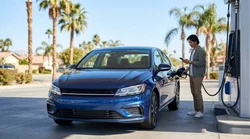 Person filling the tank of a white car rental at a sunny California gas station