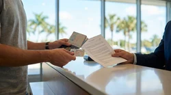 Close-up of a passport and drivers licence held by a person at a Florida car rental desk