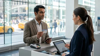 Customer handing a driving licence to an agent at a New York car hire counter