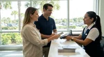 Close up of hands passing a credit card across a car rental counter in Florida