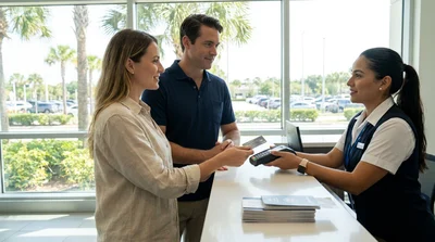 Close up of hands passing a credit card across a car rental counter in Florida