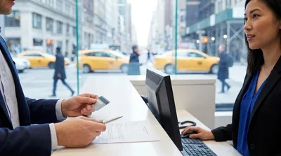 Customer handing a credit card to an agent inside a New York car hire office
