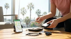 Smartphone displaying GPS navigation and a plugged in charging cable inside a car rental in sunny Los Angeles