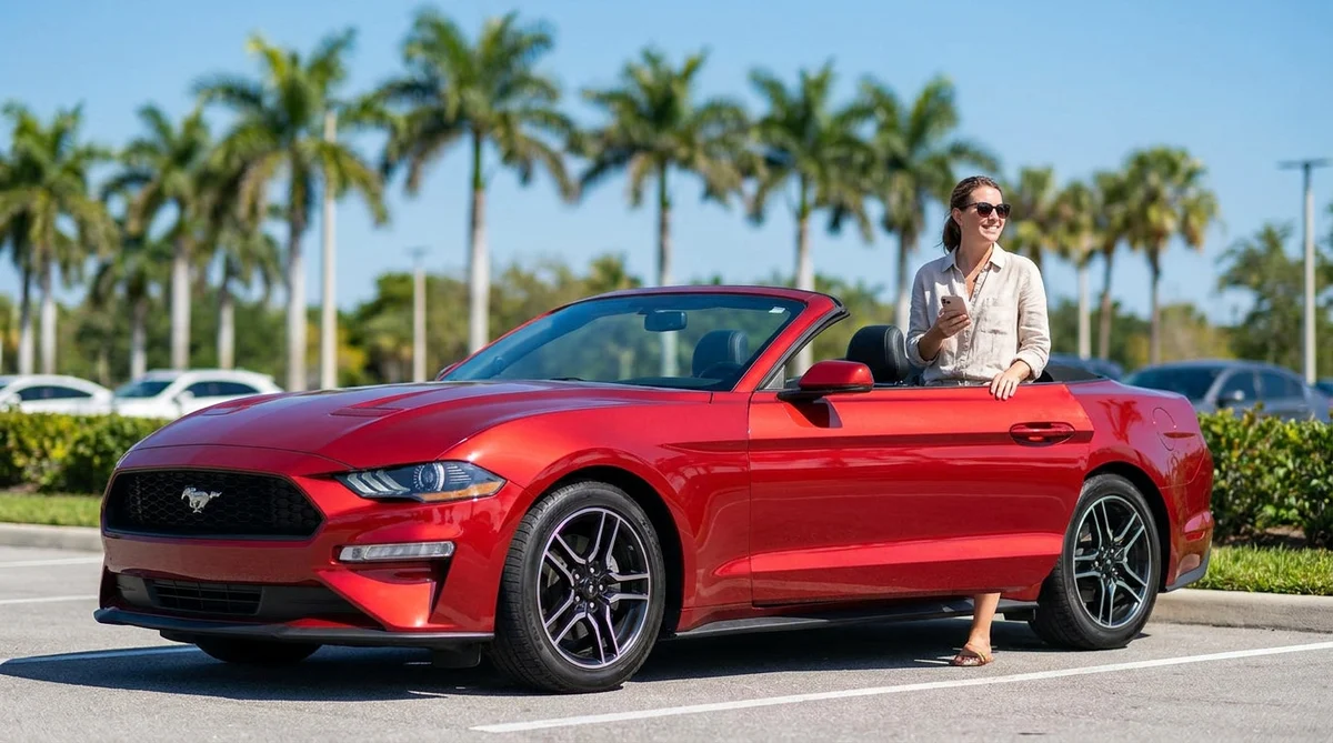 A white convertible car rental parked near tall palm trees on a sunny coastal highway in Florida