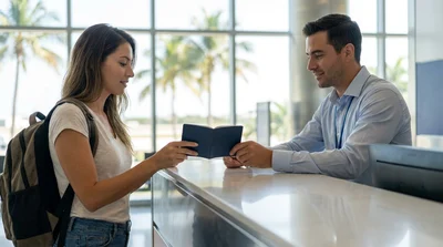 Traveler holding a passport next to a car rental vehicle in sunny Miami