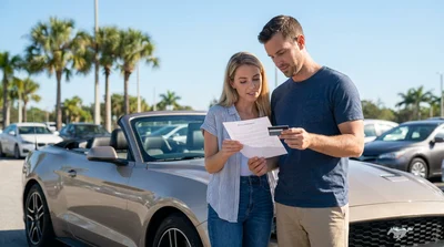 White car hire driving down a sunny palm-lined coastal highway in Florida