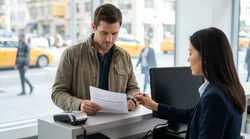 Customer reading a printed contract at a car rental desk in New York