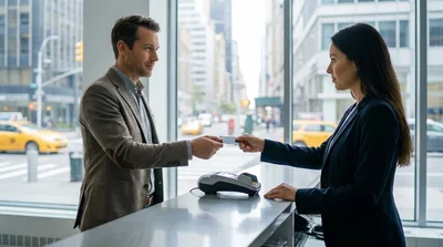 Person handing a credit card to an agent at a New York car rental counter