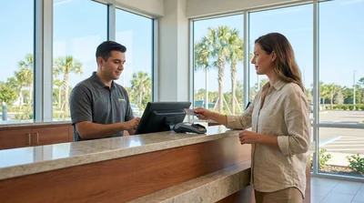 Close-up of a customer presenting a credit card at a car hire counter in Florida