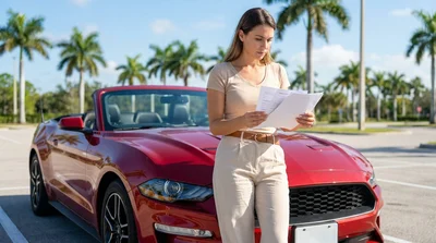 Person reviewing car rental paperwork inside a vehicle parked under palm trees in Florida