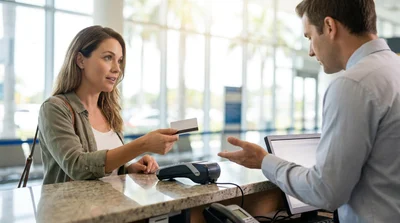 Customer handing a credit card to an agent at a car rental desk in Miami