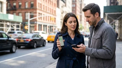 Passenger using a tablet inside a car rental parked on a New York street