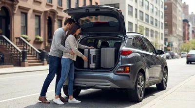 Two adults loading two suitcases into the trunk of a car rental on a New York street