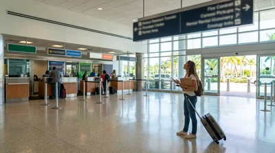 Travelers waiting with luggage at a shared car hire counter inside Miami airport
