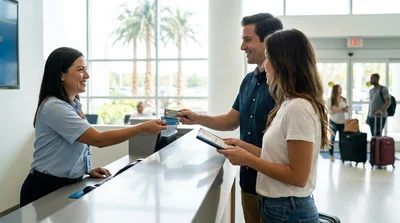 Customer holding two credit cards at a car hire desk in Orlando
