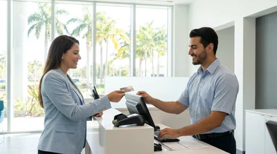 White car rental driving past palm trees and art deco buildings in Miami