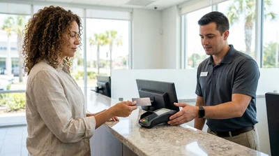 Customer handing a credit card to an agent at an Orlando car hire counter