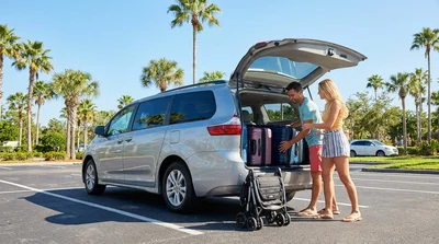 Two large suitcases and a folded buggy inside the open trunk of a car rental SUV in Orlando