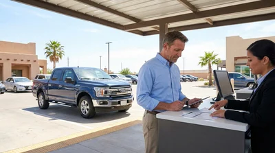 A man holding a pen and signing paperwork at a car rental counter in Texas