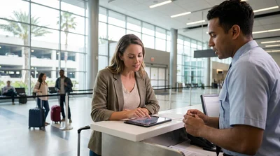 Customer signing a document at a car hire counter at LAX in Los Angeles