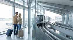Red SFO AirTrain traveling on elevated tracks toward the San Francisco airport car rental center