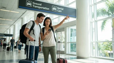 Traveler rolling a suitcase through a Miami airport terminal toward the car rental desks