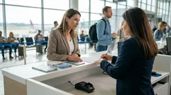 Person reading paperwork next to a vehicle at a car rental lot in the United States